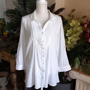 BANDOLINO Size XL Cotton Roushed Crochet Yoke Roll Button Sleeve Shirt